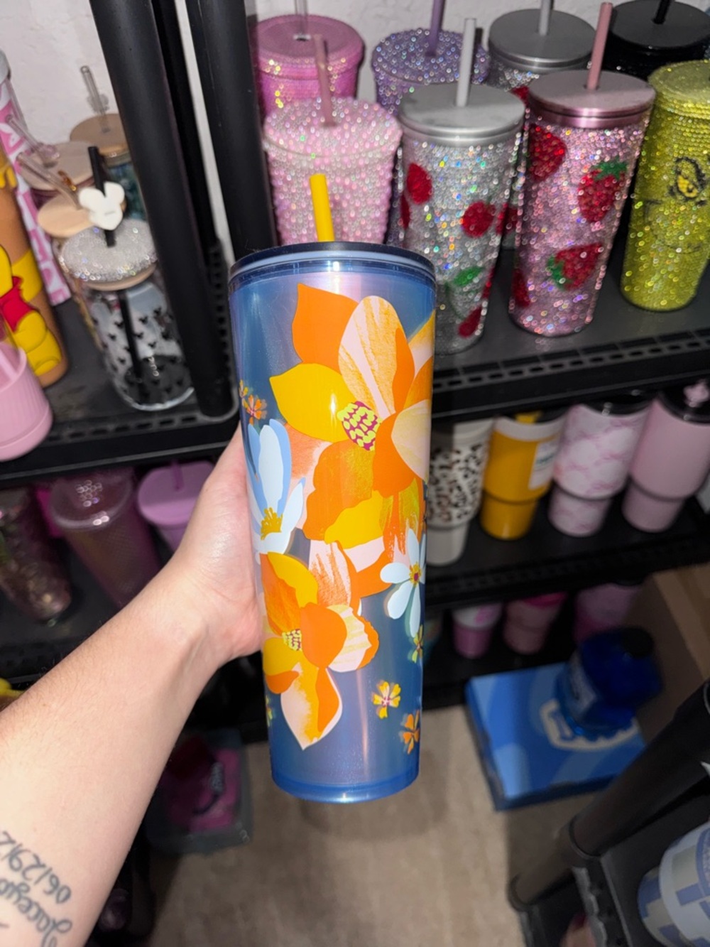 Starbucks Blue Floral Tumbler with Orange, Yellow and White Flowers